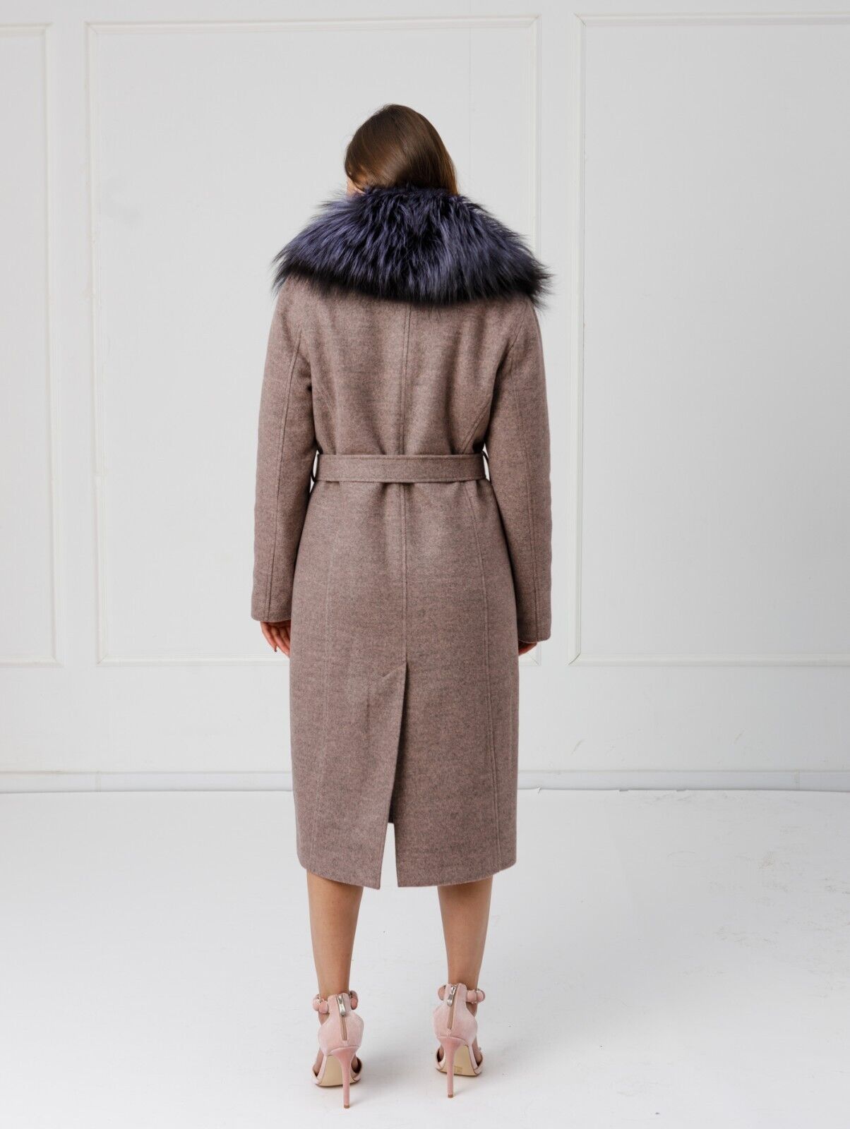 New Cashmere Long Coat w/ Genuine FOX Fur SAGA FURS Luxury Jacket Women Size M