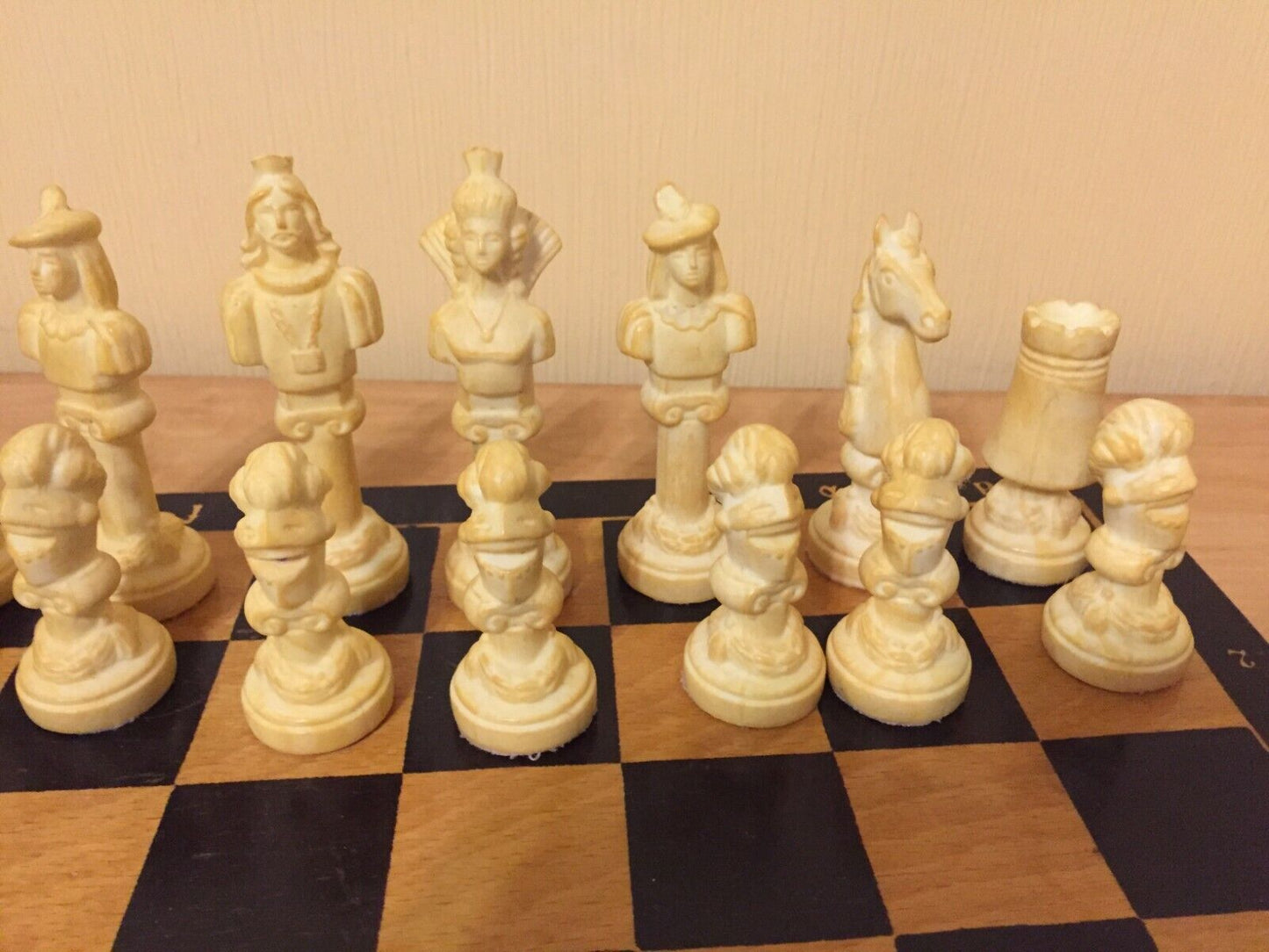Chess set vintage plastic chessmen wooden Board Game USSR Soviet