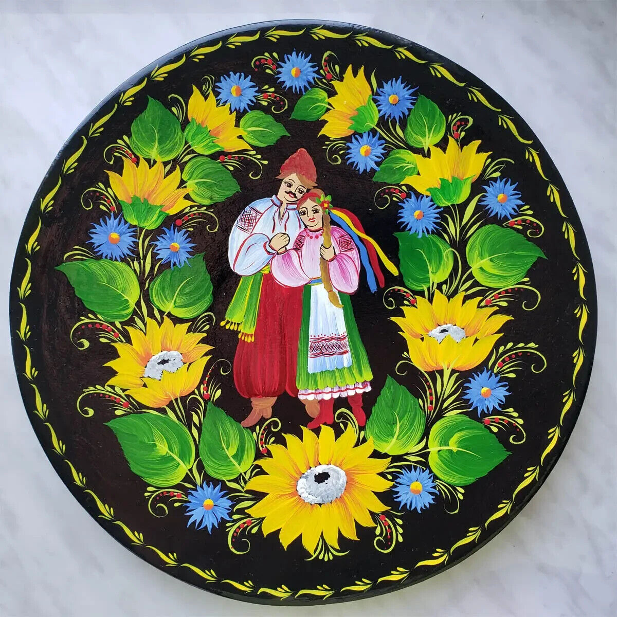 Decorative Plate Petrikovskaya painting Hand-painted Ukraine Wood (MDF) Cossack