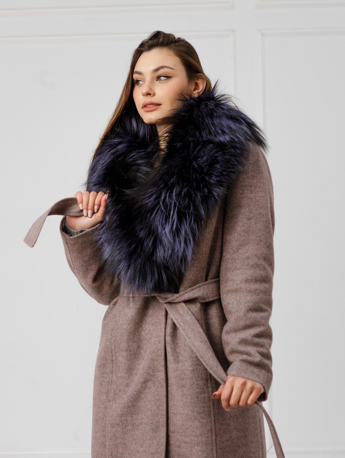 New Cashmere Long Coat w/ Genuine FOX Fur SAGA FURS Luxury Jacket Women Size M
