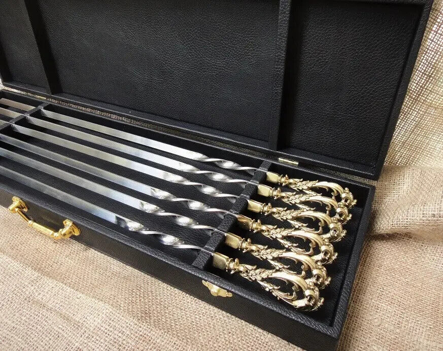 Luxury 6pcs Stainless Steel Metal Barbeque Skewer Needle BBQ Kebab Stick Case
