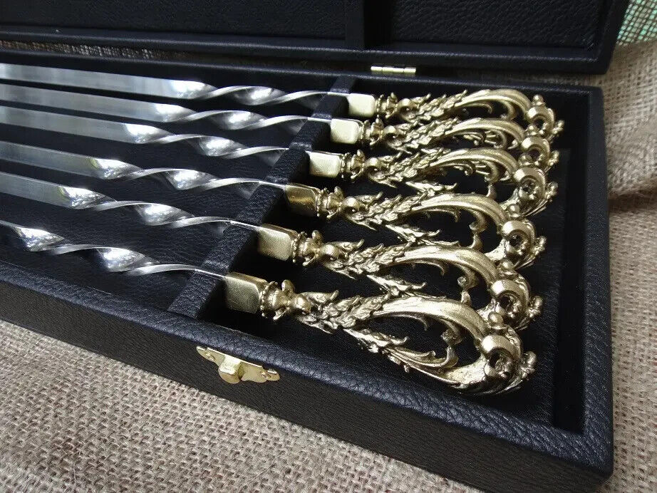 Luxury 6pcs Stainless Steel Metal Barbeque Skewer Needle BBQ Kebab Stick Case