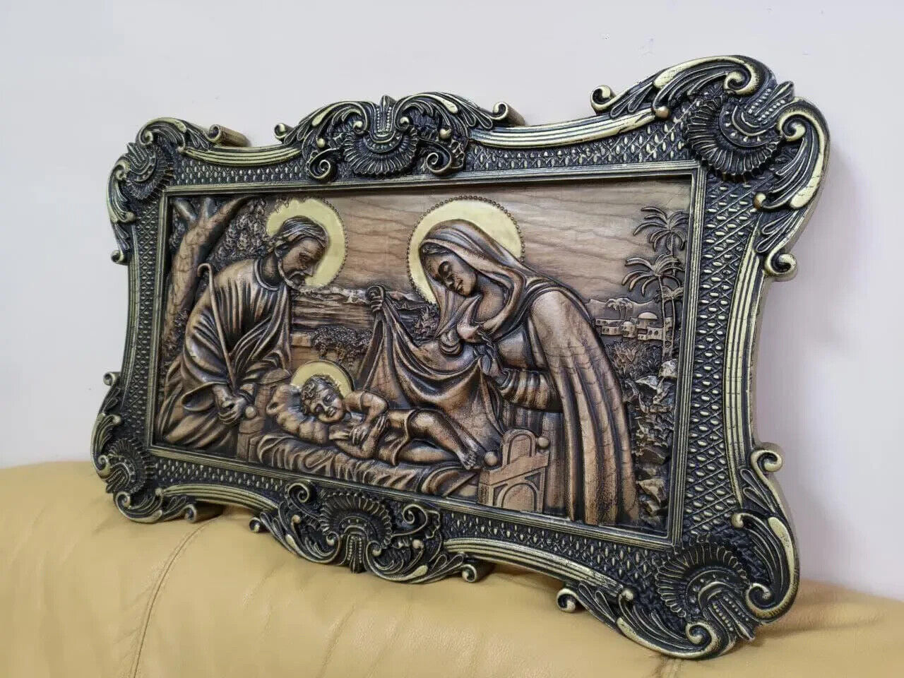 32" Holy Family Large Wood Carving Picture 3D Art Work Gift Panno Wall Decor