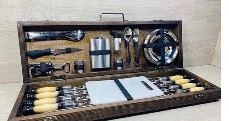 NEW Ukraine - Camping set skewers Grill BBQ with wood case GIFT Tool BBQ