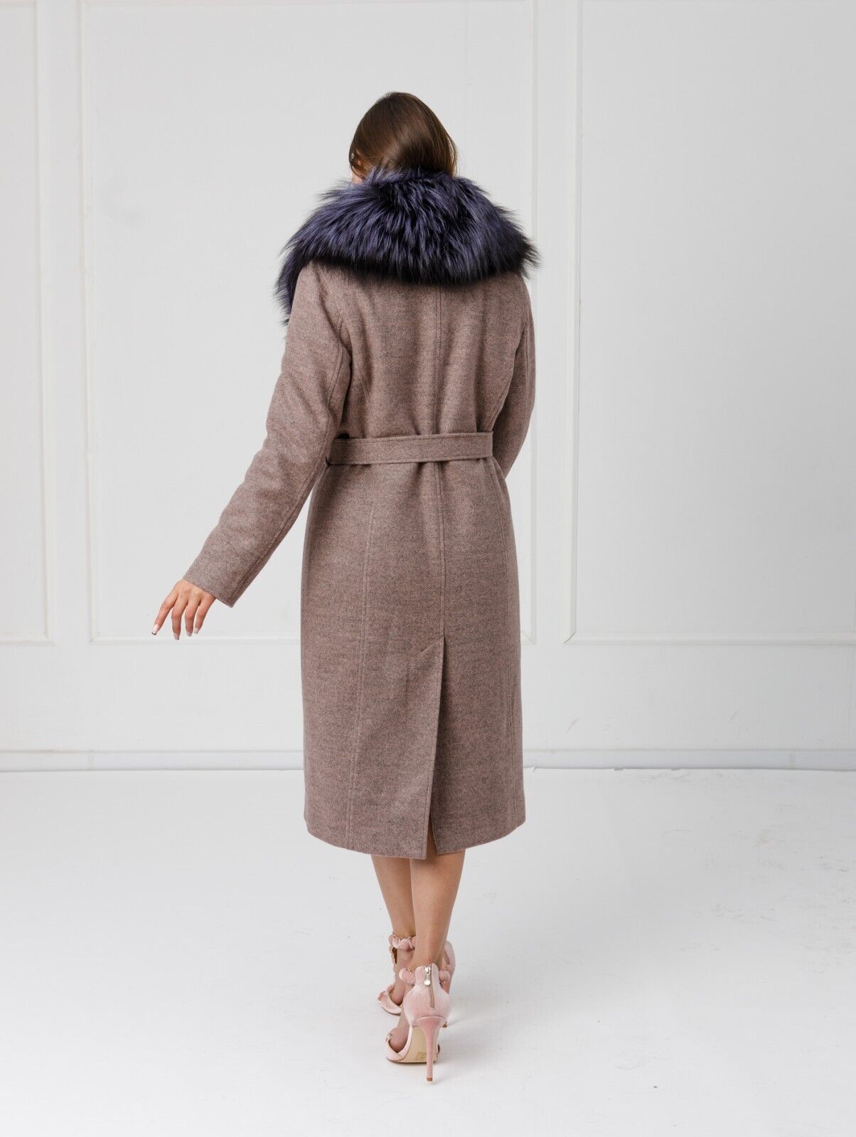 New Cashmere Long Coat w/ Genuine FOX Fur SAGA FURS Luxury Jacket Women Size M