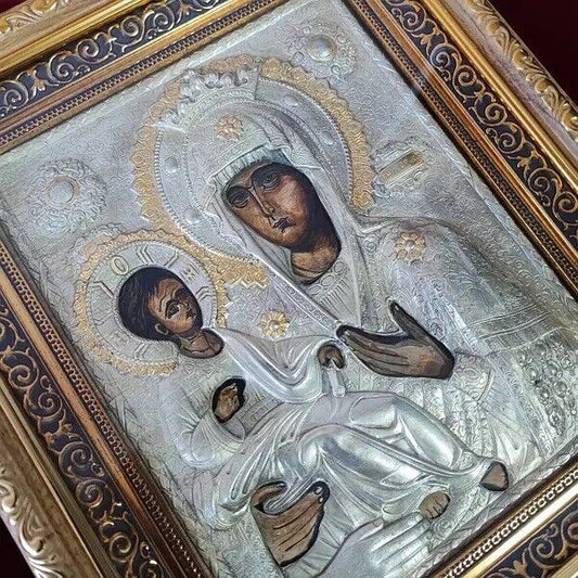 Virgin Mary Three-Handed Christian Orthodox Icon Greek Handmade w/ Frame