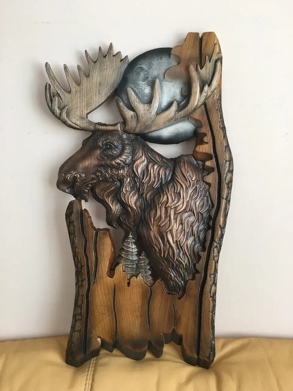 Elk Hunting Large Wood Carving Picture 3D Art Work Handmad Gift Panno Wall Decor
