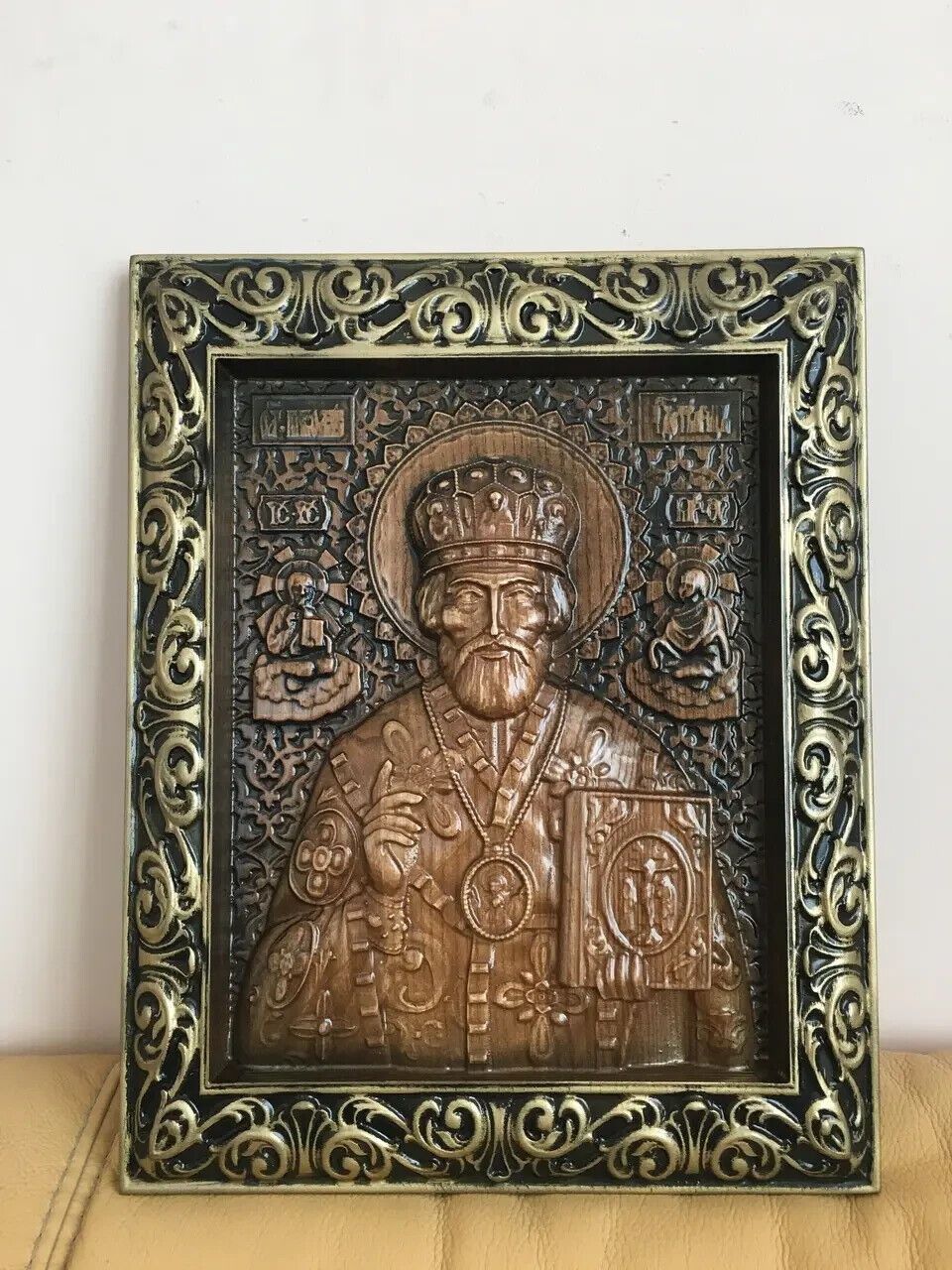 14" Icon of St. Nicholas Wood Carving Picture 3D Orthodox Gift Panno Wall Decor