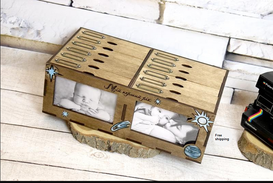 NEW - Wooden Album Photo Box Unique Holder First Year Baby Child 432 photos