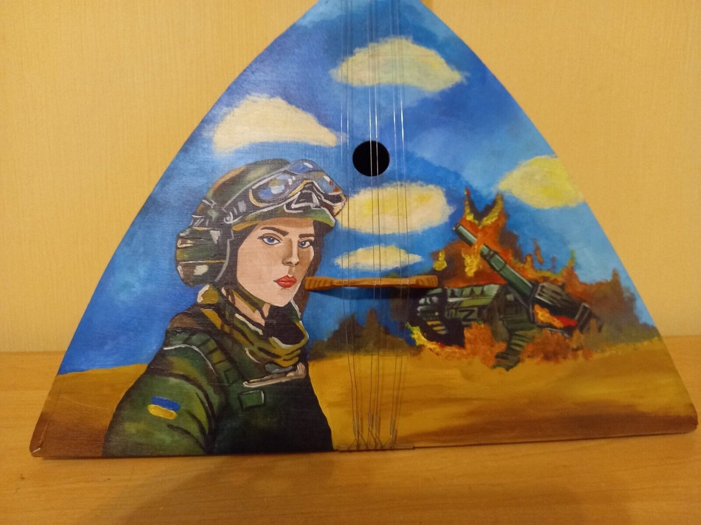 Balalayka Folk Instrument USSR Soviet Balalaika Hand Painted War Destroyed Tank