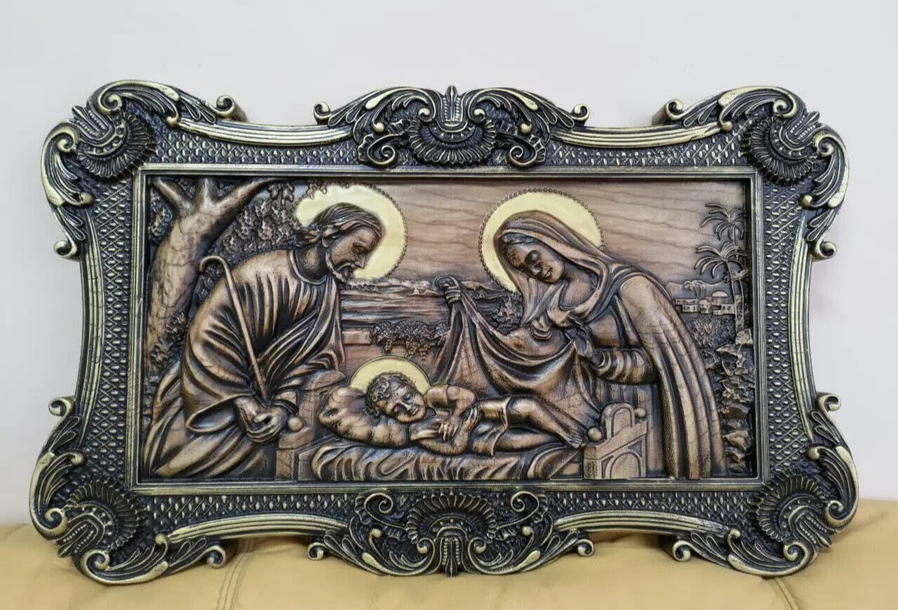 32" Holy Family Large Wood Carving Picture 3D Art Work Gift Panno Wall Decor