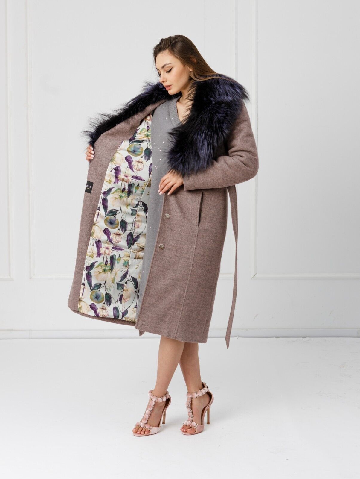 New Cashmere Long Coat w/ Genuine FOX Fur SAGA FURS Luxury Jacket Women Size M
