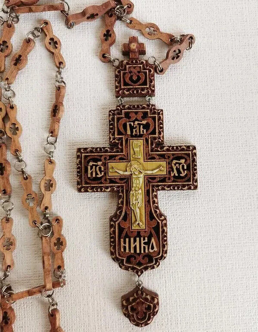 Orthodox Priest Pectoral Cross Priestly w/ Chain Carved Wooden Crucifx Ukraine
