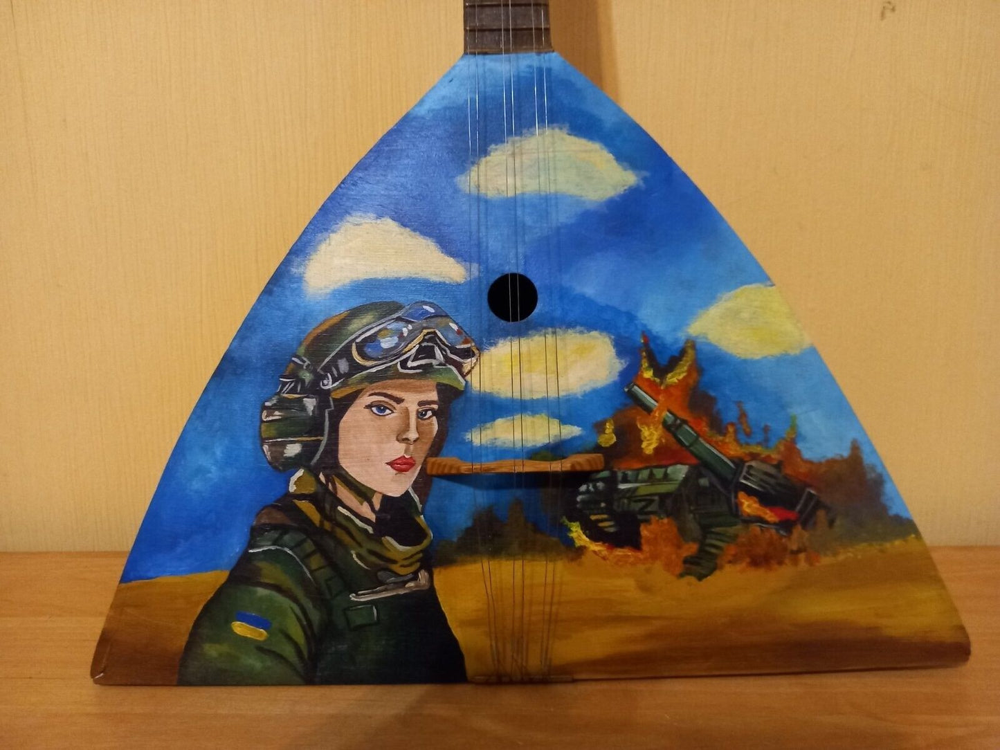 Balalayka Folk Instrument USSR Soviet Balalaika Hand Painted War Destroyed Tank