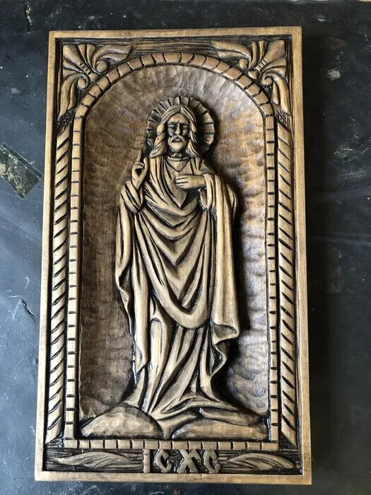 Wooden Icon Jesus Carved Art Orthodox Wood ІС ХС Catholic Symbol Religious 13"